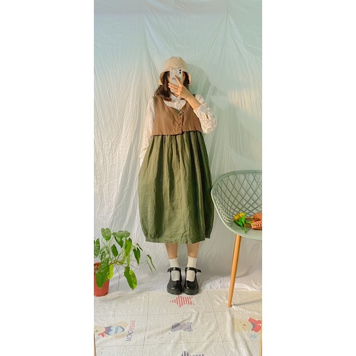 Đầm xanh rêu linen bo chun