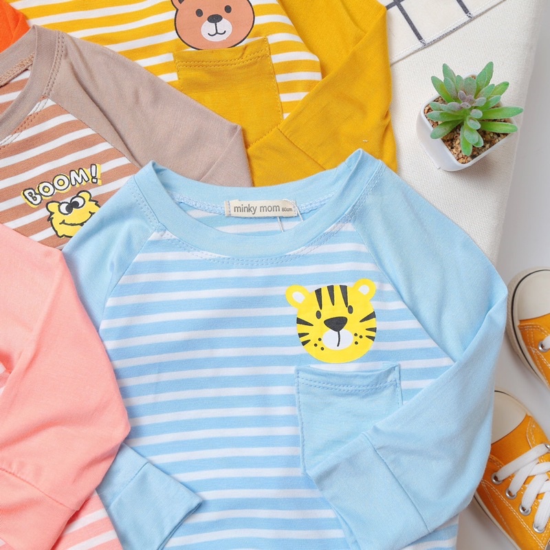 Bộ quần áo dài tay cổ chui vải thun lạnh mỏng điều hoà Minky mom phối kẻ bé trai bé gái 7-17kg