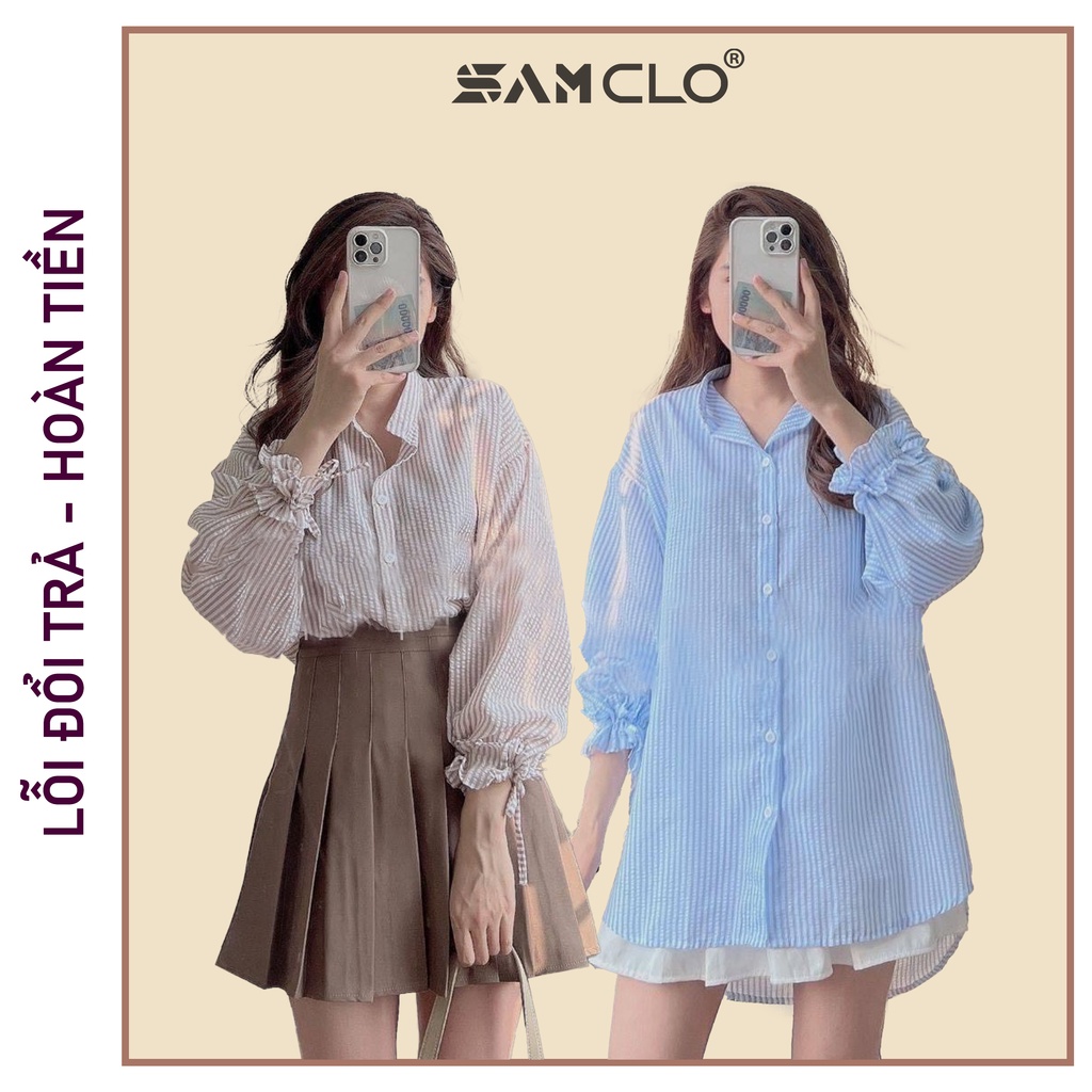 Áo sơ mi nữ cổ bẻ phong cách ulzzang form freesize dáng rộng unisex mặc cặp, nhóm, couple TAY DÀI SỌC