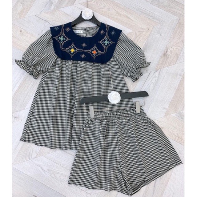 Set đồ bộ kẻ đen - Bộ đồ mặc nhà cổ phối màu xanh than siêu xinh- Set bộ dáng babydoll tiểu thư