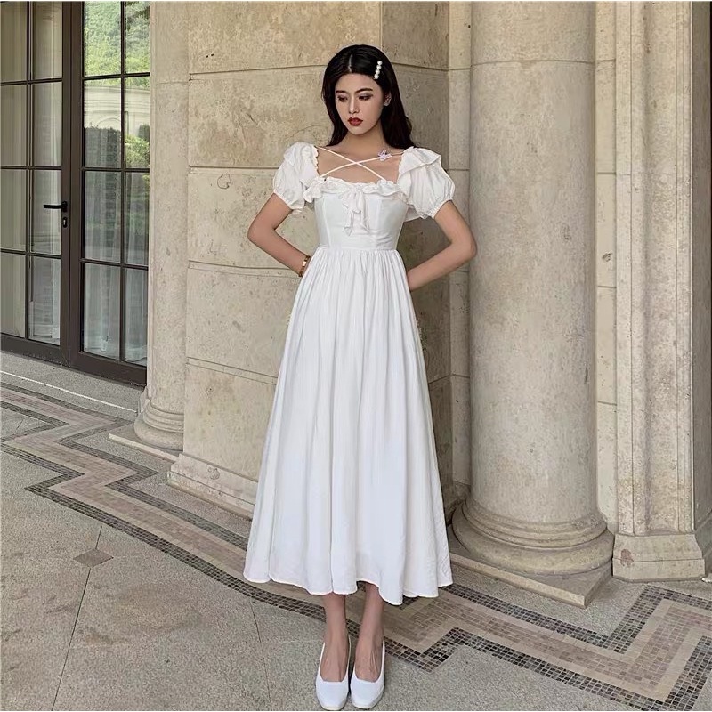 ĐẦM CỔ BÈO NƠ CHÉO DÂY NGỰC MIDI