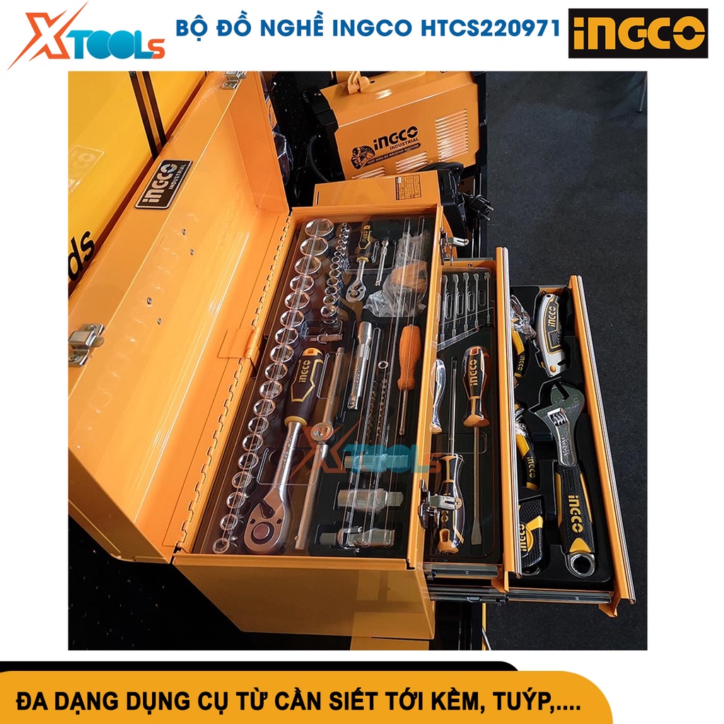 Bộ đồ nghề 97 chi tiết Ingco HTCS220971, thùng đồ nghề 3 ngăn kích thước 520x218x243mm [chính hãng][xtools]