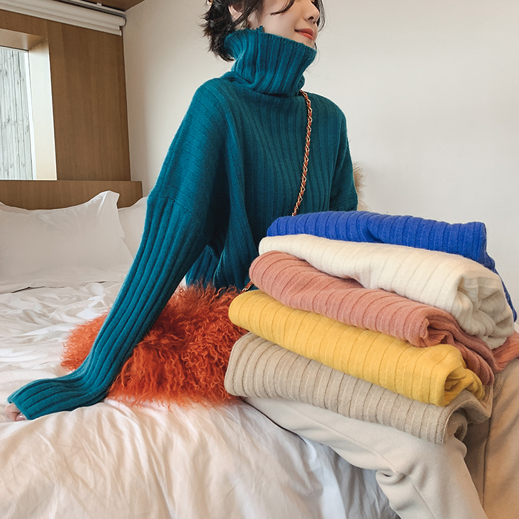 Áo sweater dệt kim SUXI tay dài cổ cao dáng rộng cho nữ 6 màu lựa chọn