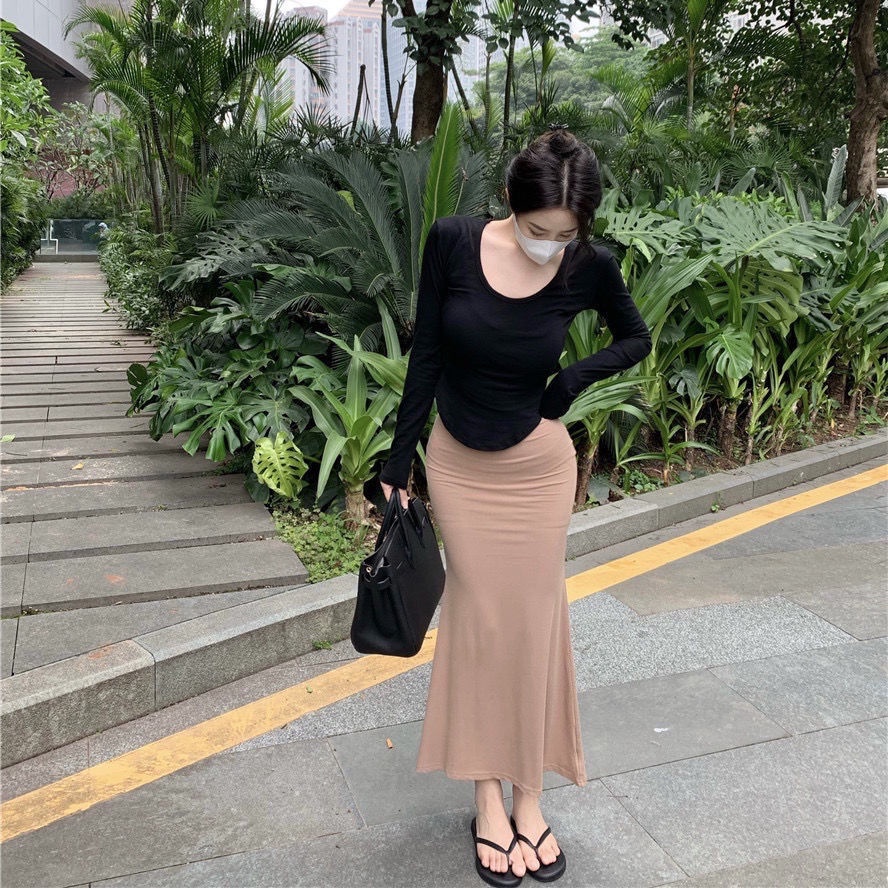 Jiashucheng Áo Thun Chống Nắng Mỏng Phong Cách Phương Tây Gợi Cảm Đơn Giản Kèm Chân Váy Đuôi Cá Ôm Eo