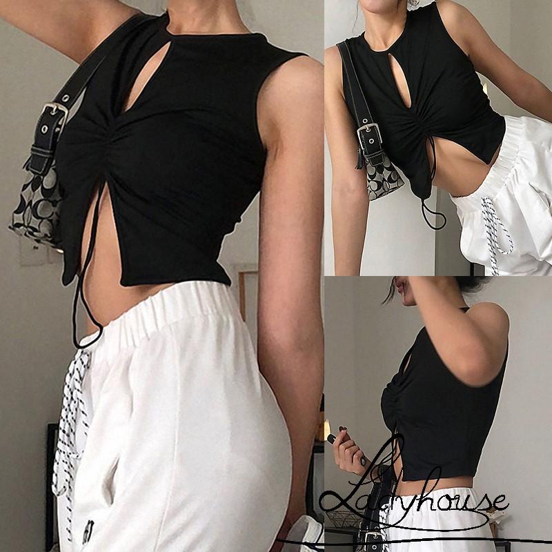 Áo Croptop Không Tay Màu Trơn Thiết Kế Hở Lỗ Phối Dây Rút Thời Trang Mùa Hè Cho Nữ