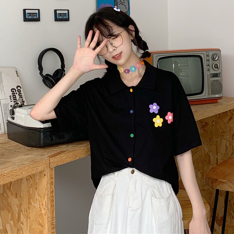 Áo sơ mi tay ngắn họa tiết in hoa cổ bẻ sang trọng cho nữ