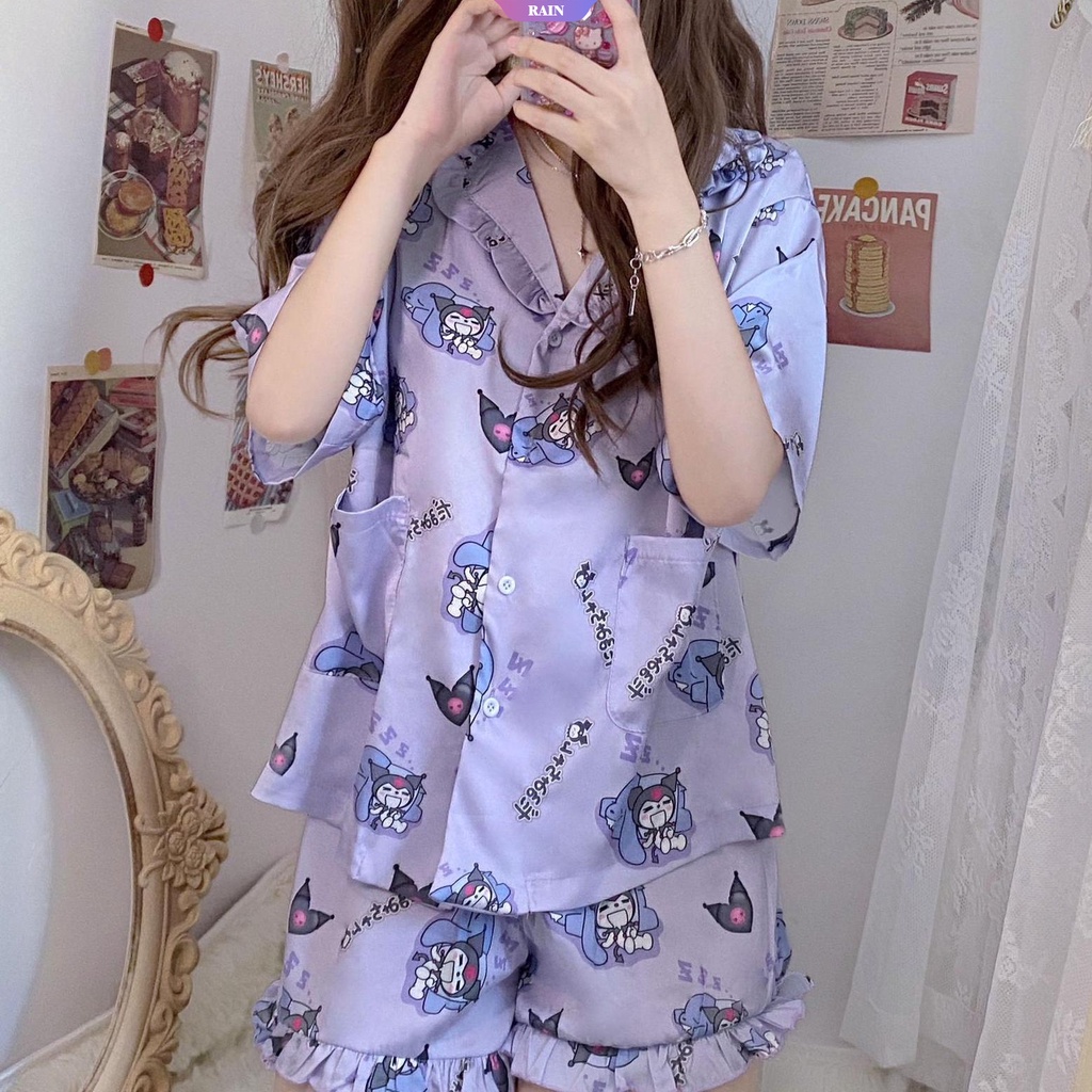 SANRIO Bộ Đồ Ngủ Cotton Tay Ngắn Dáng Rộng In Họa Tiết Hoạt Hình Dễ Thương Thời Trang Mùa Hè Cho Nữ