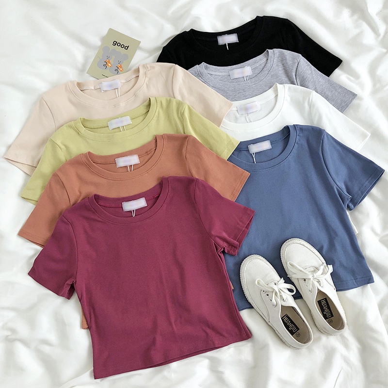 NUZIRO  Áo thun croptop  ngắn tay cổ tròn vải cotton co giãn thoải mái 8 màu lựa chọn thời trang hè cho nữ
