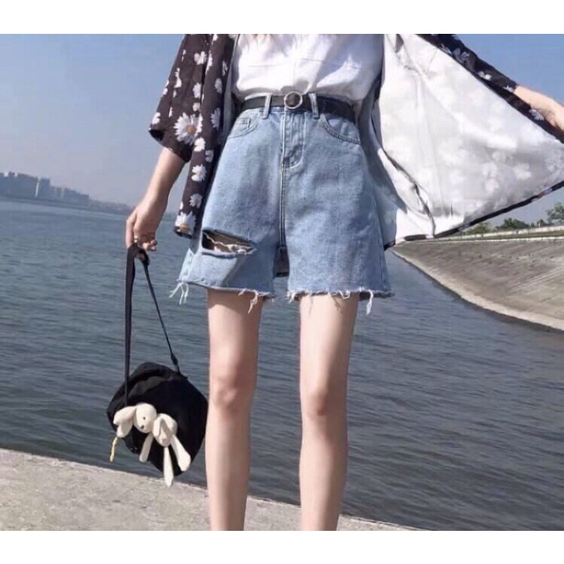 Quần Ngố Jean Xanh Đá Rách 1 Đ ùi. Jean Ống Rộng Bigsize 30-35 (55-83kg)