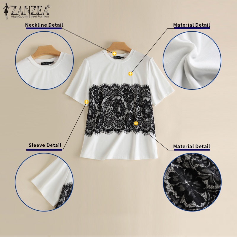 Áo thun ZANZEA tay ngắn phối ren cổ tròn cho nữ
