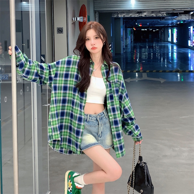 ZHELIHANGFEI Áo Sơ Mi Caro Tay Dài Dáng Rộng Trẻ Trung Hợp Thời Trang Cho Bạn Gái