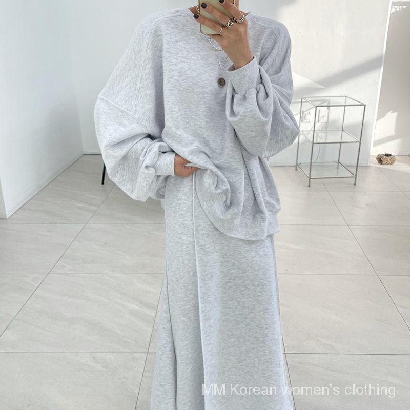 Set áo len cổ tròn dài tay + chân váy dài thời trang nữ