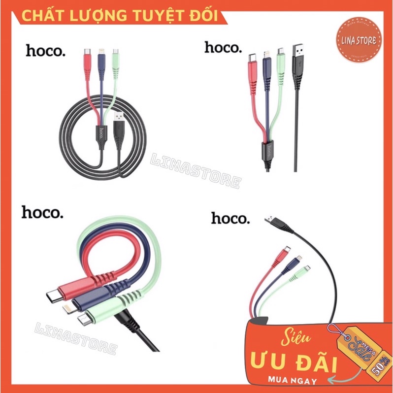 [Chính hãng HOCO] Dây cáp sạc nhanh iphone 3 đầu dài 1m2 (Lightning+Micro+TypeC) sạc nhanh 3A, dây dẻo 4 màu siêu bền