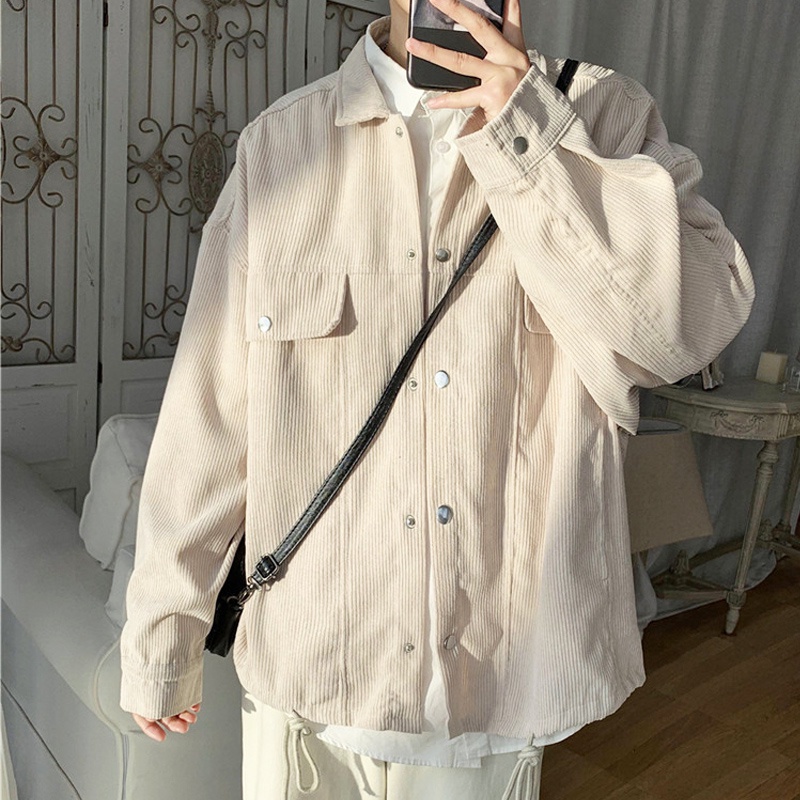 Áo Khoác Tay Dài Dáng Rộng Cài Khuy Vải Nhung Kẻ Màu Trơn Đơn Giản Thời Trang Hàn Quốc Cho Nam