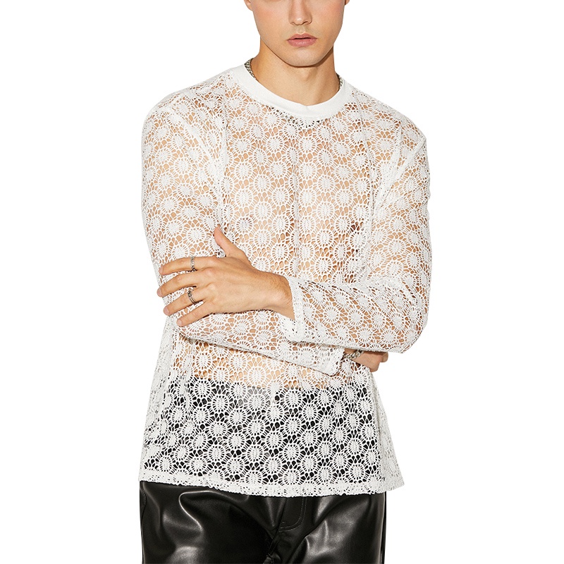 INCERUN Áo Thun Tay Dài Cổ Tròn Phối Ren Xuyên Thấu Thời Trang Cho Nam