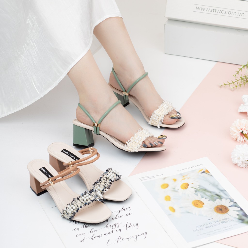 Giày Sandal Cao Gót MWC Đế Vuông 5CM Quai Ngang Phối Ren NUCG-3917