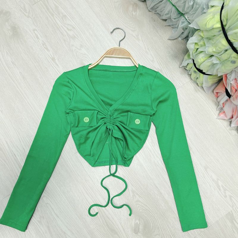 Áo tay dài croptop rút ngực phối 2 nút borip cao cấp