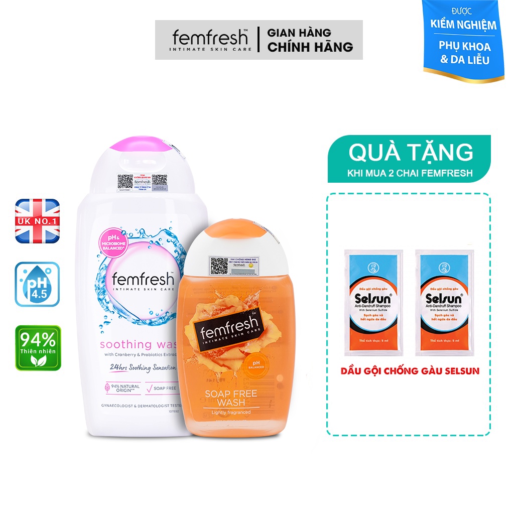 [COMBO] 2 Dung Dịch Vệ Sinh Phụ Nữ Chăm Sóc Vùng Kín Femfresh Soothing Wash 250ml &amp; Femfresh Daily Intimate Wash 150ml