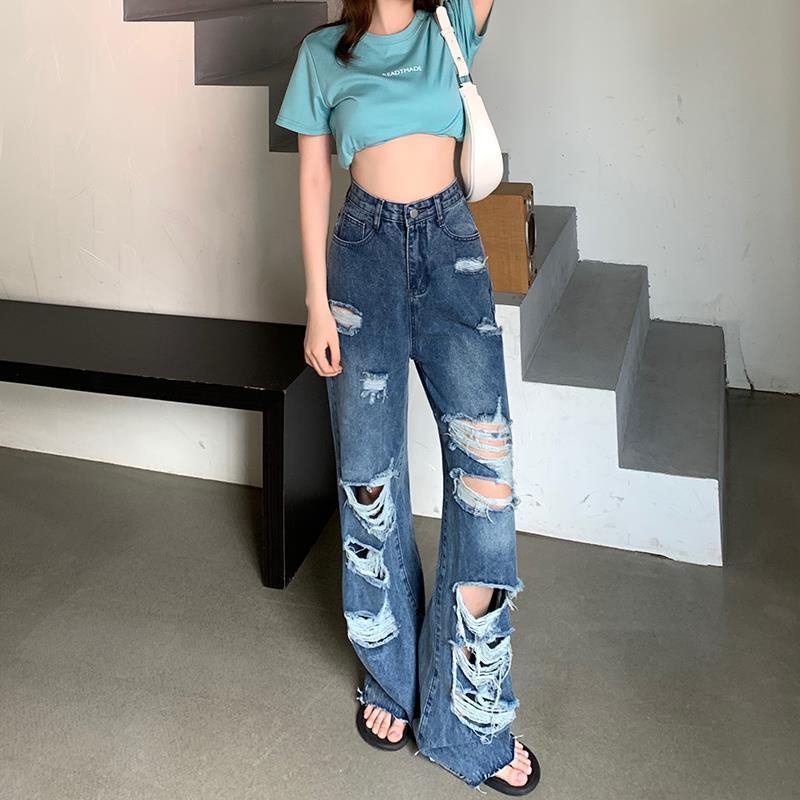Jiashucheng Hàng Có Sẵn Quần Jean Rách Dáng Suông Rộng Rách Lỗ Cỡ Lớn Cho Chị Em Gái Béo Nhìn Sàn Nhà