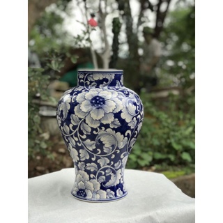 Lọ hoa dáng thon men lam vẽ tay hoa dây h30cm ×m11cm.