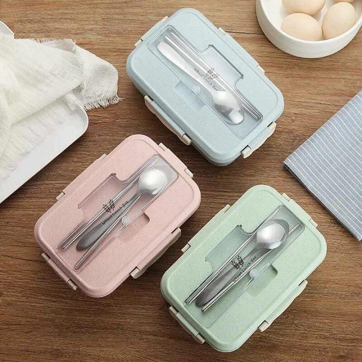 Hộp Cơm Lúc Mạch 3 Ngăn 1 Tầng Tặng Kèm Đũa Và Thìa - Hộp Cơm Văn Phòng