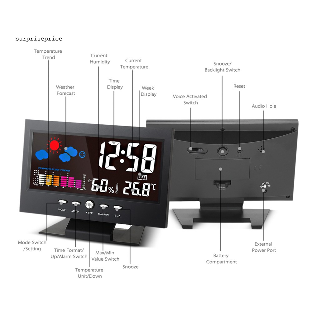 Đồng hồ điện tử hiển thị nhiệt độ thời tiết có màn hình LCD