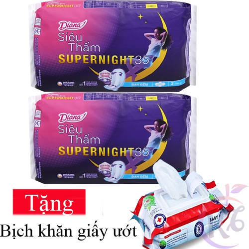 Combo 2 bịch Băng vệ sinh Diana siêu thấm ban đêm dài 35cm gói 3 miếng Tặng 1 bịch khăn giấy ướt 80 tờ - Super Night
