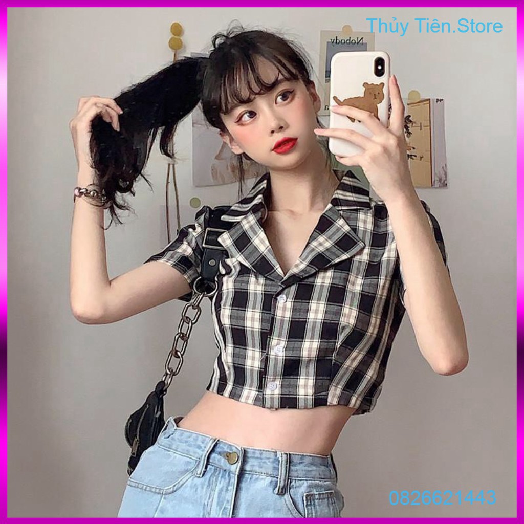 ÁO SƠ MI CROPTOP TAY NGẮN KẺ SỌC CARO THỜI TRANG CHO NỮ - CROPTOP CARO KẺ TÍM ĐEN ĐỎ HỒNG VÀNG XANH 💎 👗💝