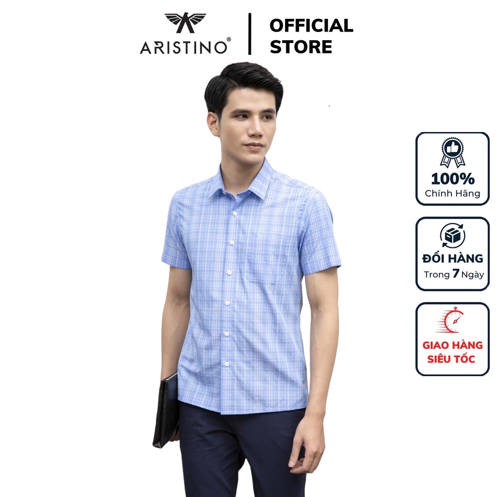 Áo sơ mi nam ngắn tay ARISTINO ASS143S1 công sở vải sợi tre cao cấp màu xanh kẻ trắng dáng suông tà bằng có túi