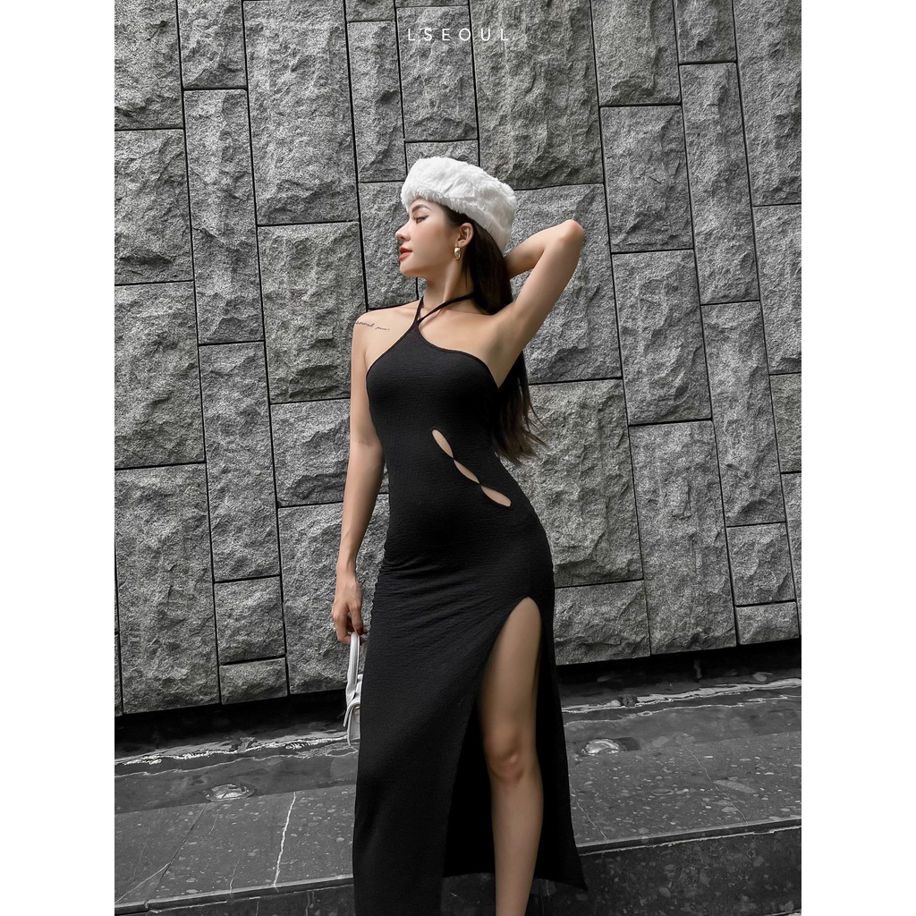 Đầm Body Cổ Yếm Khoét Eo Cách Điệu LSEOUL V1401 Chất Thun Gân Co Dãn Tôn Dáng