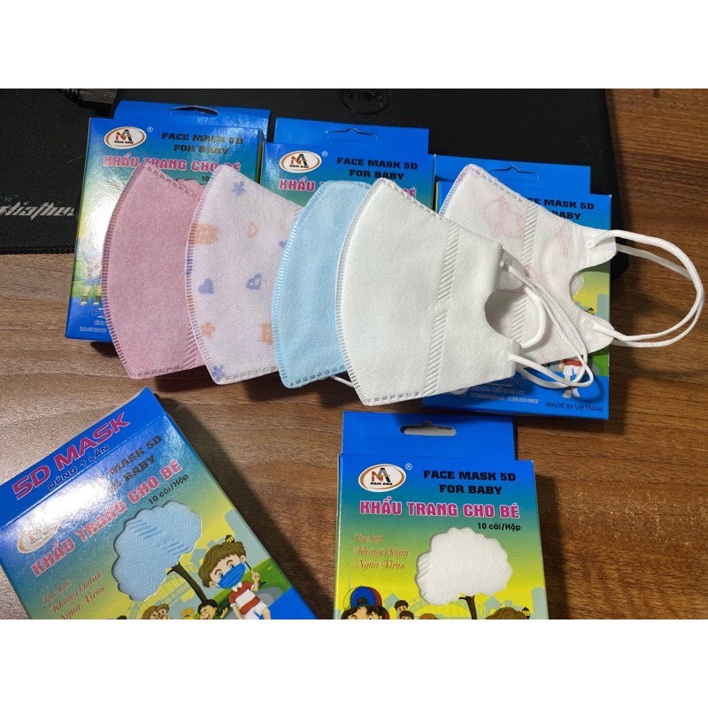 khẩu trang em bé, Hộp 10 khẩu trang 5d cho bé nhiều màu sắc