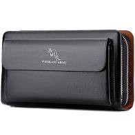 Ví cầm tay NAM NỮ da bò đẳng cấp thời trang YUEKANGAROO 2 ngăn khóa lớn KT 23x13x5cm ĐEN - NÂU