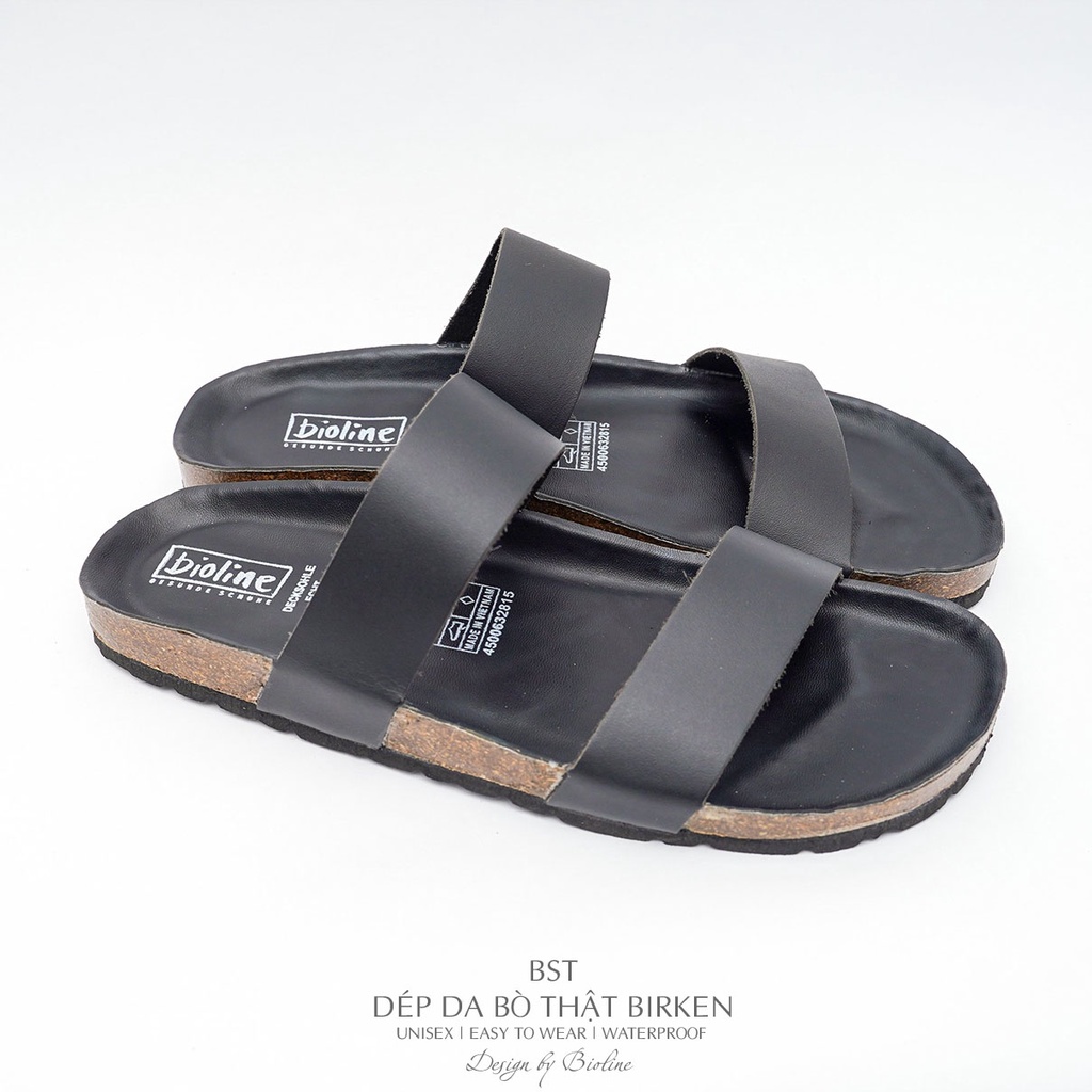 DK18-LÓT CHỐNG NƯỚC- Dép đế trấu Birken da bò thật nam nữ unisex quai ngang, dép công sở, dép da bò Bioline D18
