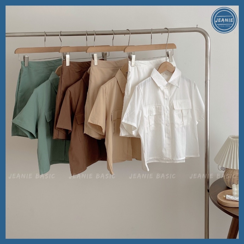 Set váy nữ JEANIE gồm áo sơ mi cộc tay croptop và chân váy ngắn chữ A tiểu thư