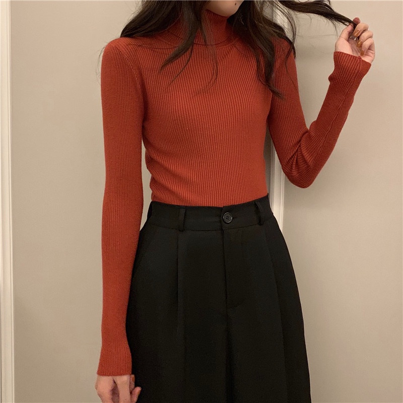 Áo sweater tay dài cổ lọ in màu sắc đơn giản