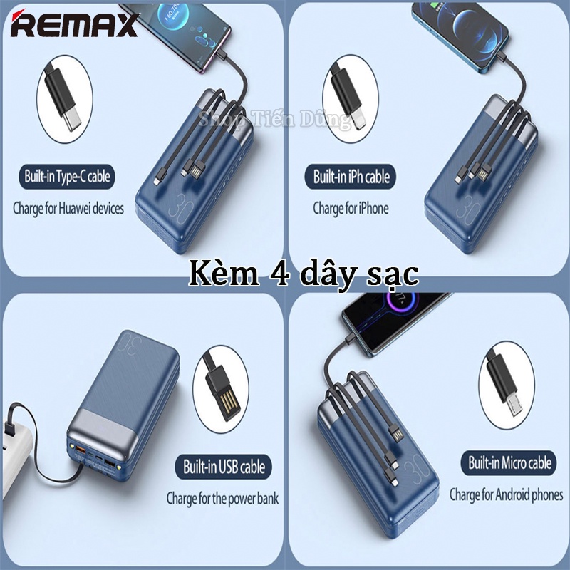 Pin Sạc Dự Phòng Remax RPP 199 Dung Lượng 30000mAh Tích Hợp 4 Loại Cáp USB - Type-C - Micro - Lightning, Đèn Pin