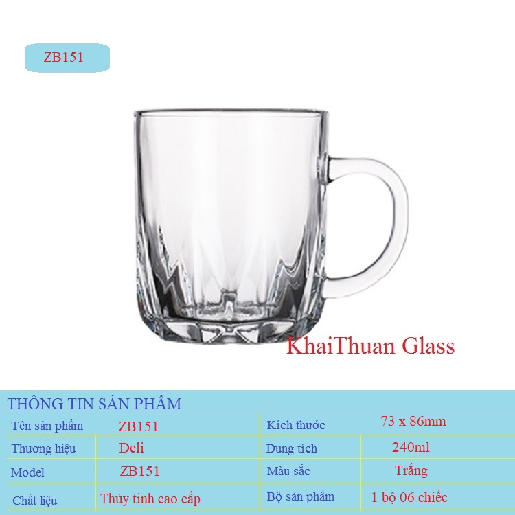 Cốc Thủy Tinh Có Quai Đẹp Uống Trà Cafe Chịu Nhiệt Cao Deli ZB151 Dung Tích 240ml