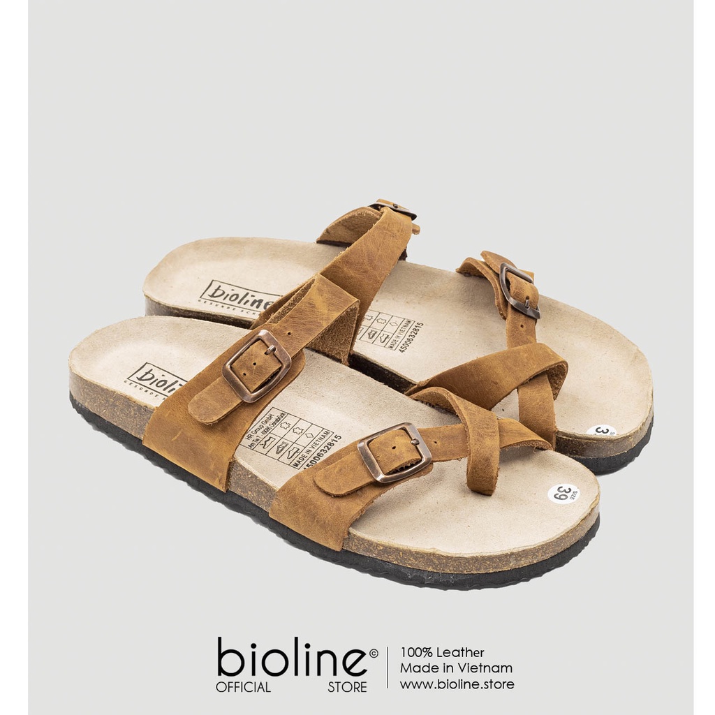 [DA BÒ THẬT] D06-Dép da bò xỏ ngón, quai chéo Birken Bioline Unisex (Đế trấu)