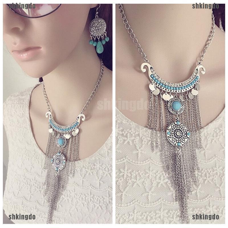 Dây chuyền đính ngọc lam phối tua rua phong cách Bohemian