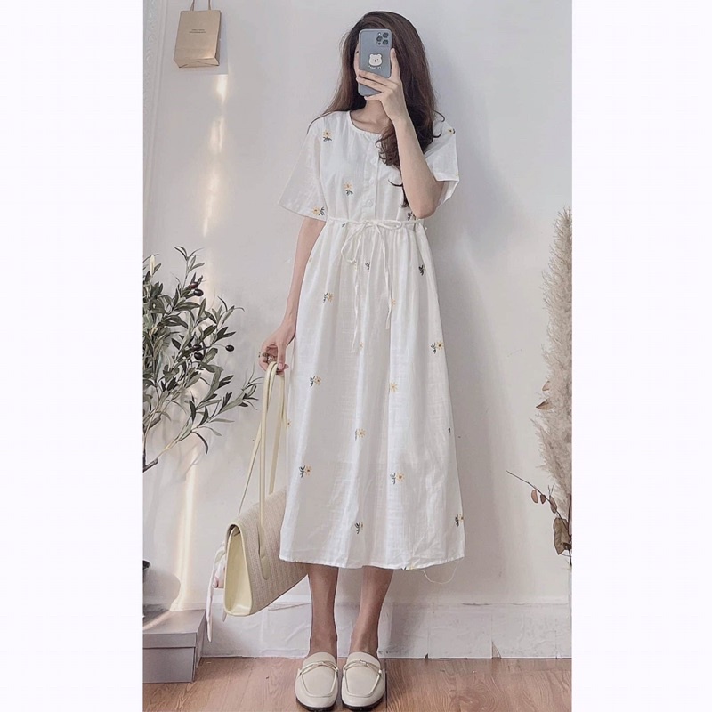 [Ảnh thật/Video]Váy babydoll hoa mẫu mới thiết kế cúc trước kèm thắt nơ lưng xinh xắn