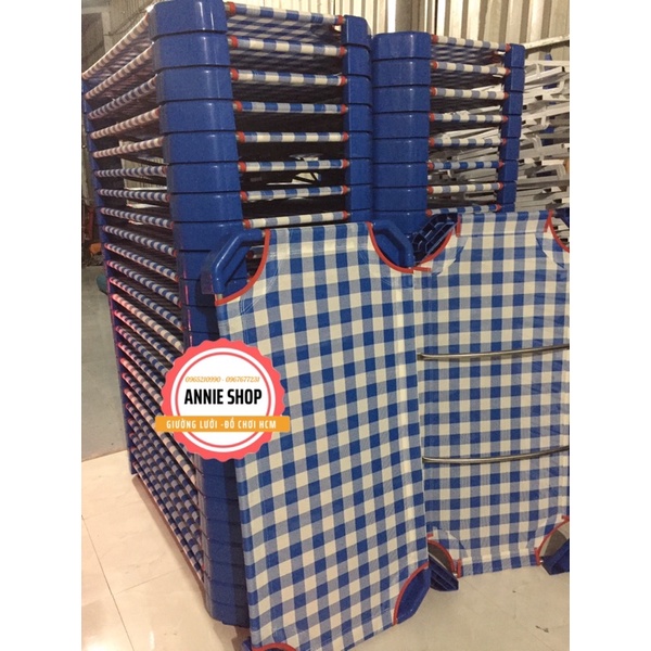 Giường lưới trẻ em ráp sẵn mẫu CARO XANH, 2 Thanh đỡ lưng inox Loại 1