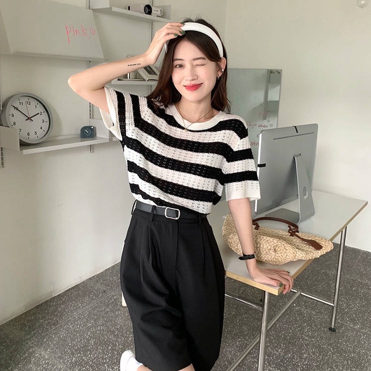 Áo dệt kim ZHELIHANGFEI ngắn tay cổ tròn họa tiết ca rô phong cách Hàn Quốc dành cho nữ