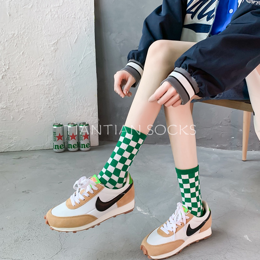 TIAN TIAN T166 Vớ Cotton Trơn Cổ Vừa In Caro Màu Xanh Dương Thời Trang Xuân Thu Dễ Phối Đồ Phong Cách Thể Thao Ngoài Trời Dành Cho Bạn Nữ