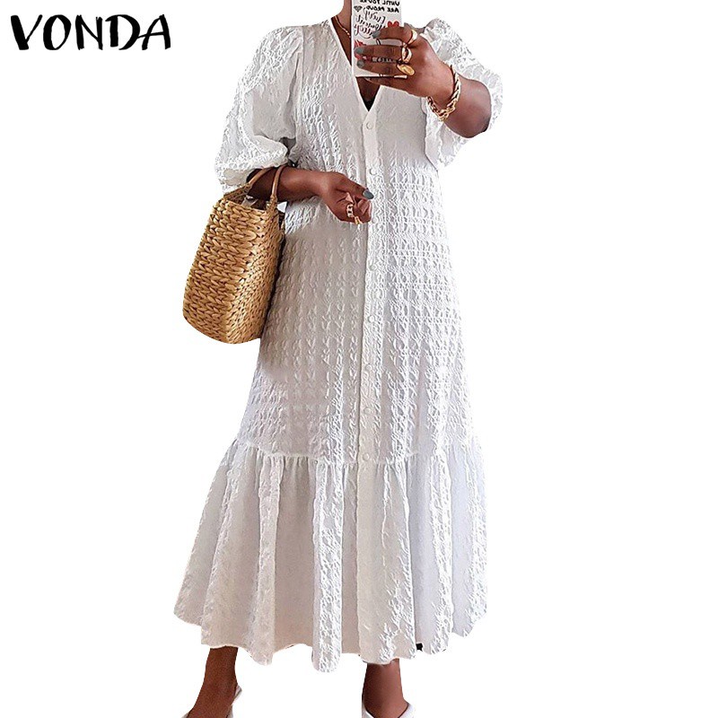 Đầm maxi VONDA màu trơn cổ v thiết kế xếp ly tay lửng có gài nút | BigBuy360 - bigbuy360.vn