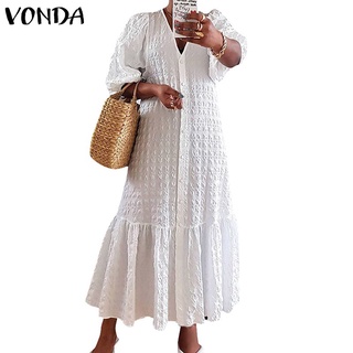 Đầm dài maxi VONDA màu trơn cổ V thiết kế xếp ly tay lửng có gài nút