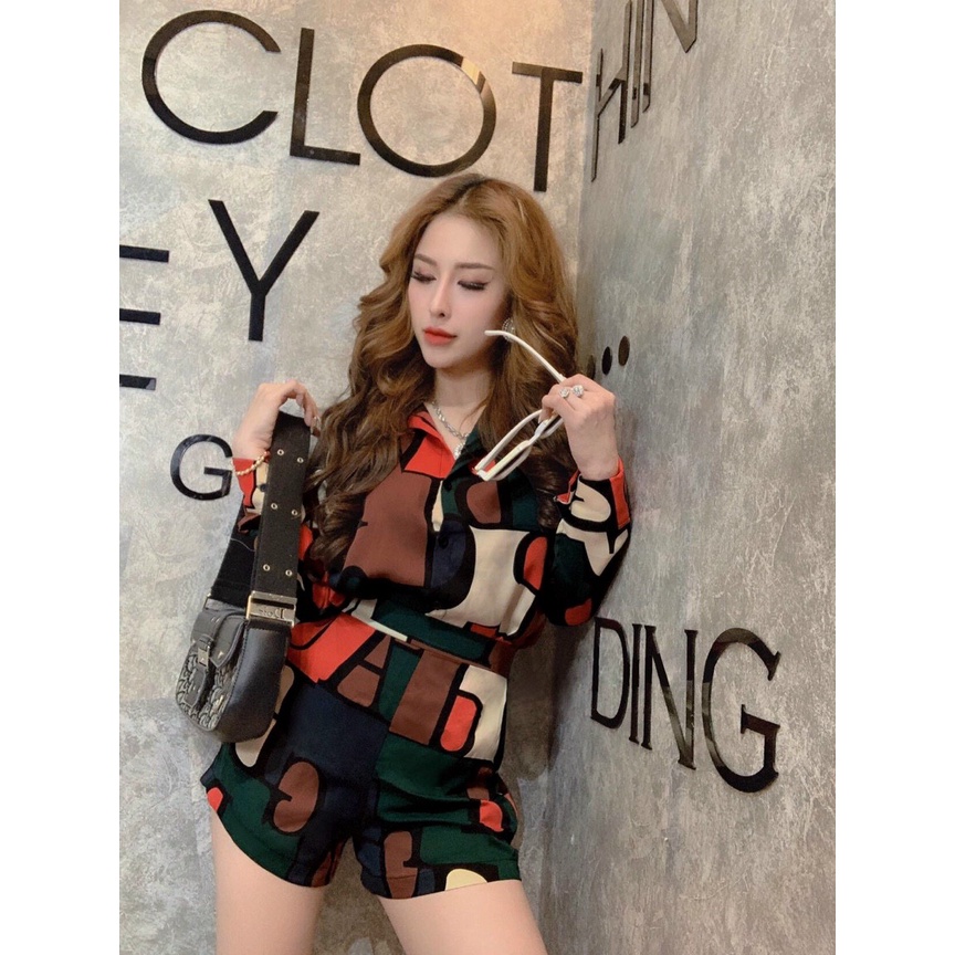 Set nguyên bộ áo họa tiết sơ mi quần short