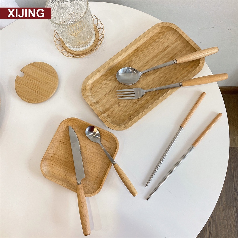 Muỗng/ nĩa/ đũa bằng thép không gỉ cán gỗ phong cách Nhật Bản