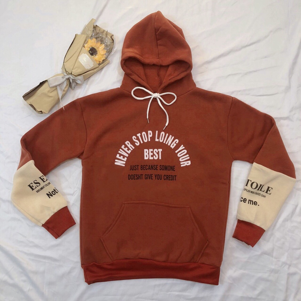 Áo hoodie nỉ cotton quảng châu cao cấp, Áo nỉ vati  in chữ NEVER STOP dáng rộng