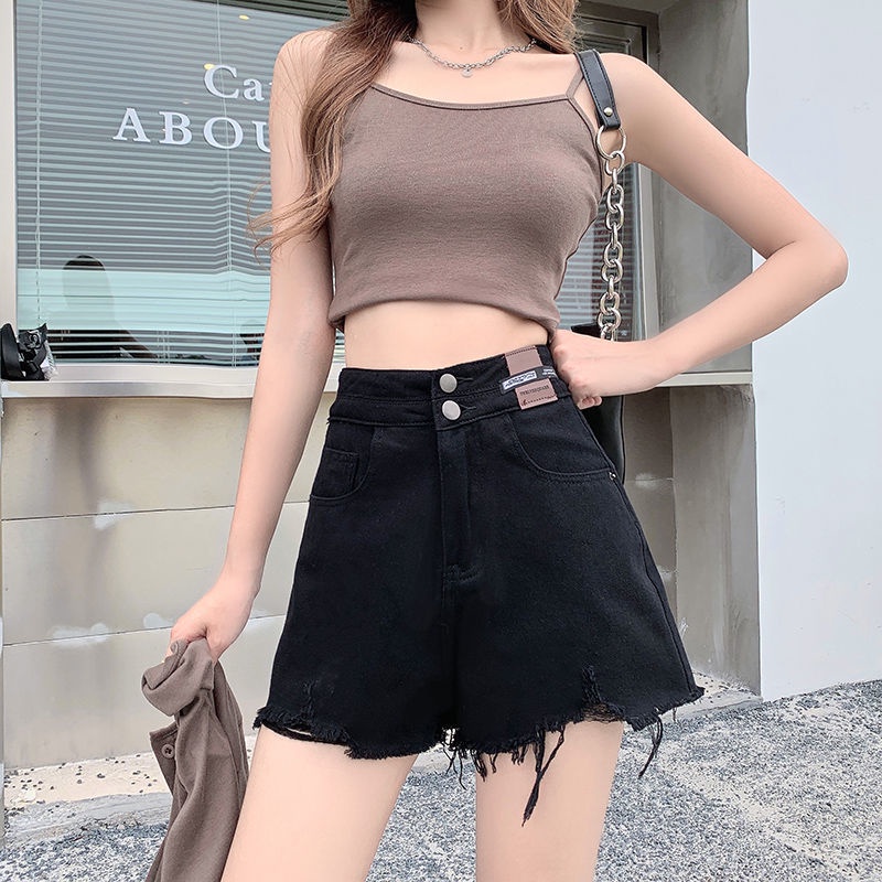 Quần Short Denim Màu Đen Lưng Cao Thời Trang Mùa Hè Cho Nữ
