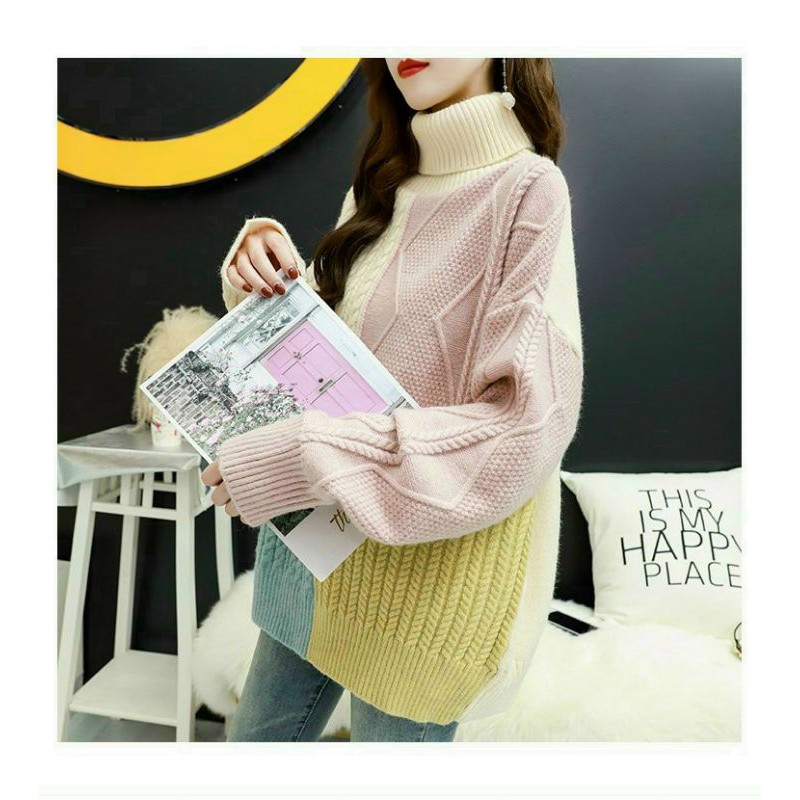 Hàng nhập - Áo len nữ cổ lọ phối màu, áo kiểu gân thừng thu đông